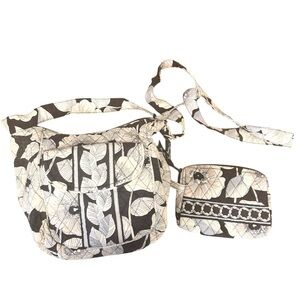 SET Vera Bradley Bag Matching Small Makeup Bag/Coin Purse Black White Floral